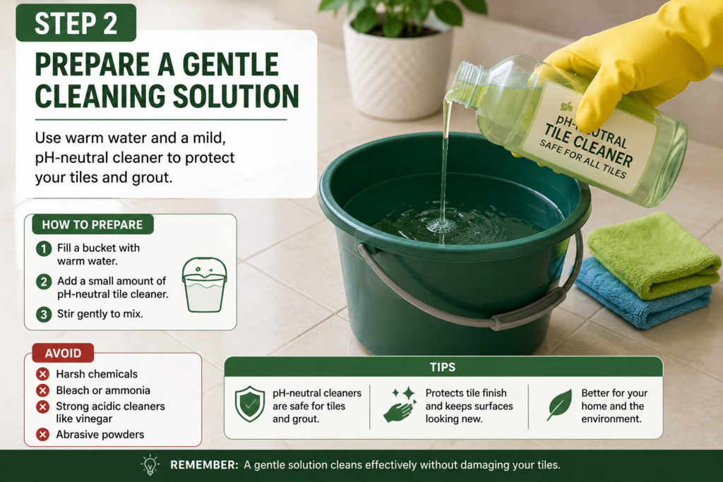 Mixing a pH-neutral tile cleaner with warm water in a bucket to create a safe cleaning solution for ceramic and porcelain tiles.