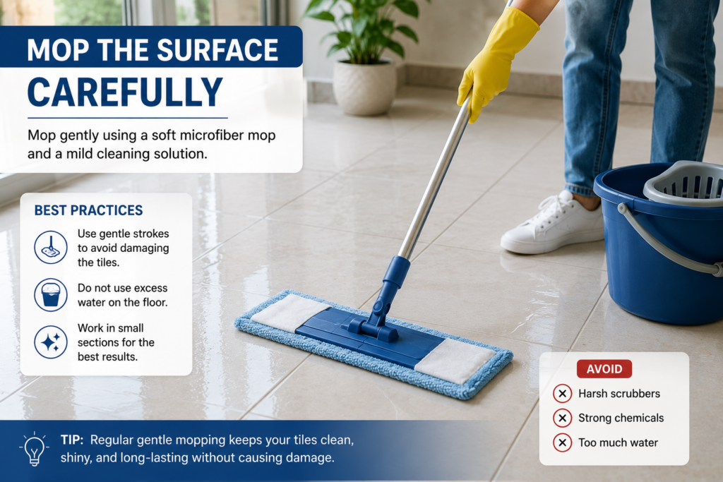 Person using a microfiber mop and gentle cleaning solution to clean ceramic floor tiles safely without damaging the tile surface or grout