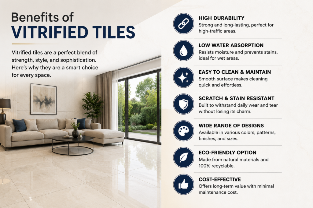 Benefits of vitrified tiles showing a modern living room with glossy vitrified tile flooring and key advantages like durability, low water absorption, and easy maintenance.