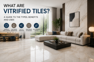 Modern living room featuring glossy vitrified tile flooring with the title "What Are Vitrified Tiles?" showcasing the benefits and uses of vitrified tiles.