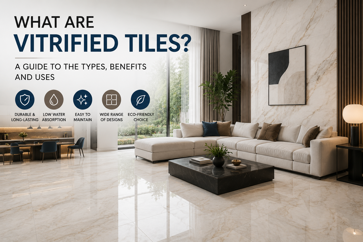 Modern living room featuring glossy vitrified tile flooring with the title "What Are Vitrified Tiles?" showcasing the benefits and uses of vitrified tiles.