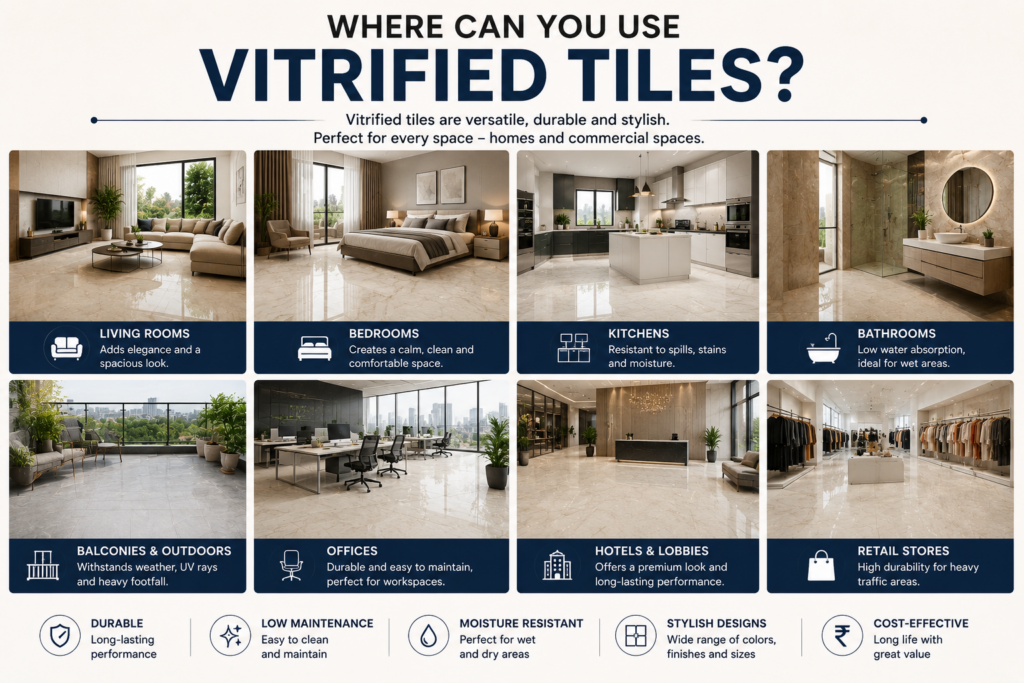 Modern infographic showing where vitrified tiles can be used, including living rooms, bedrooms, kitchens, bathrooms, offices, hotels, retail stores, and outdoor spaces.