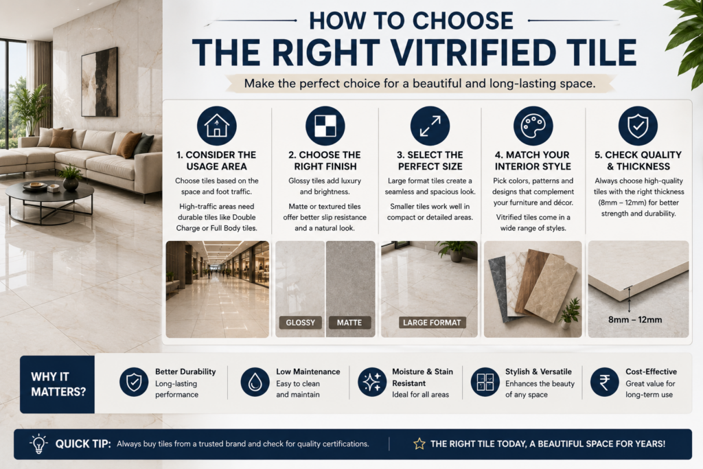 Infographic explaining how to choose the right vitrified tile based on room usage, finish, size, style, and quality for residential and commercial spaces.