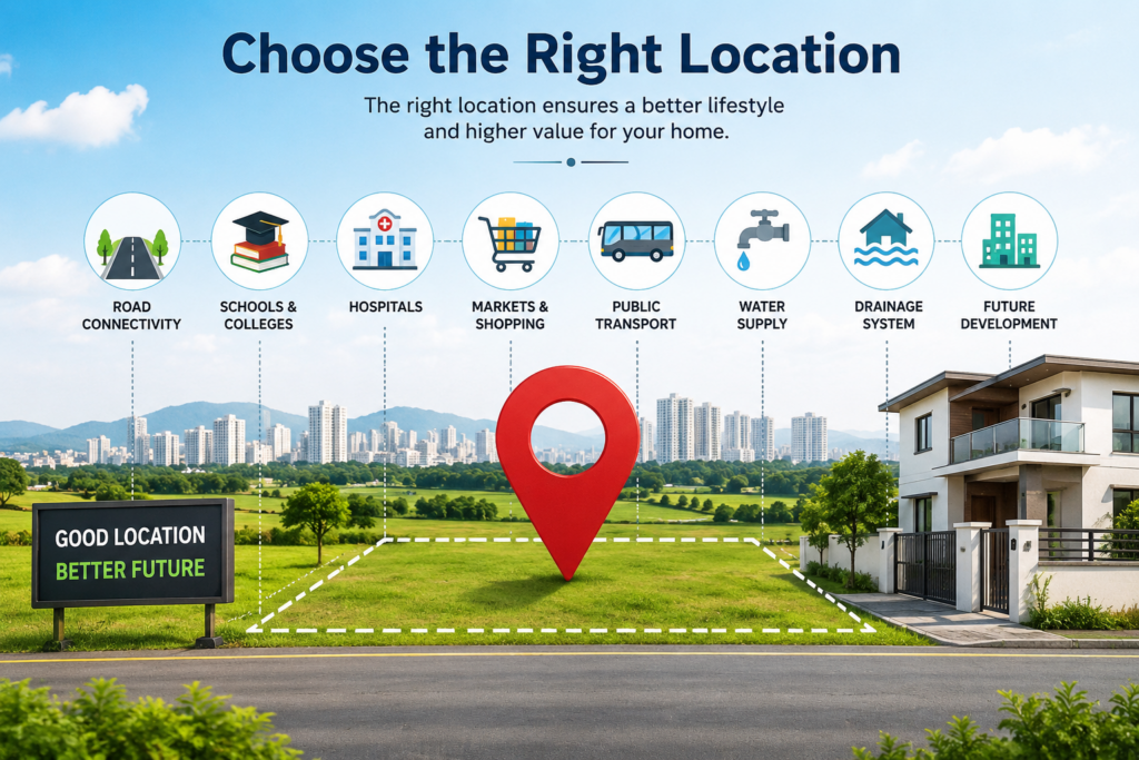 Modern residential plot showcasing the importance of choosing the right location before building a new home, with nearby schools, hospitals, markets, public transport, water supply, drainage, and future development.