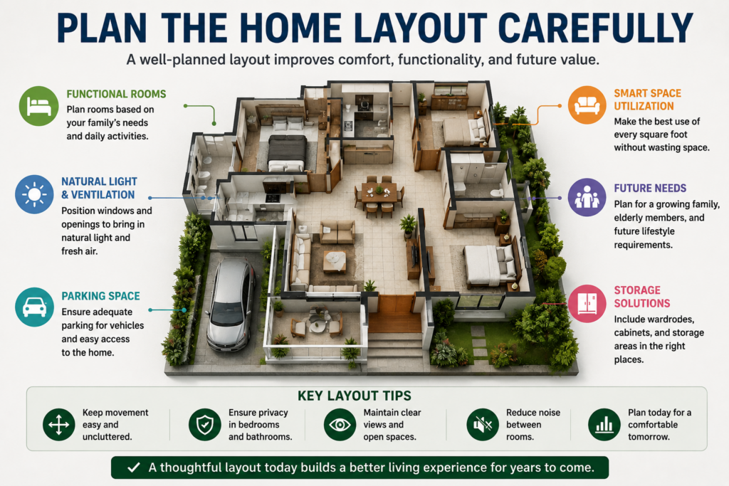 Modern 3D home floor plan illustrating smart room layout, natural lighting, parking, storage, and functional space planning for a new home.