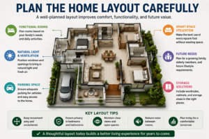 Modern 3D home floor plan illustrating smart room layout, natural lighting, parking, storage, and functional space planning for a new home.