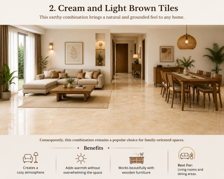 Warm and inviting living and dining area featuring cream and light brown floor tiles. The earthy tile combination complements wooden furniture, soft beige décor, and natural lighting, creating a cozy, family-friendly atmosphere with a grounded and elegant aesthetic.
