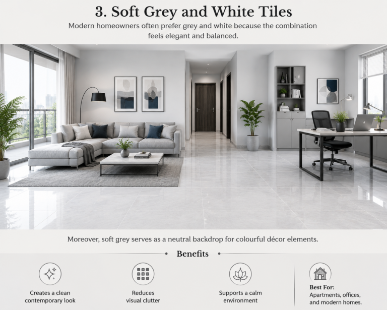 Modern open-plan apartment featuring soft grey and white floor tiles, a stylish living area, and a contemporary home office. The neutral colour palette creates a clean, spacious, and calming atmosphere while allowing decorative accents and greenery to stand out.