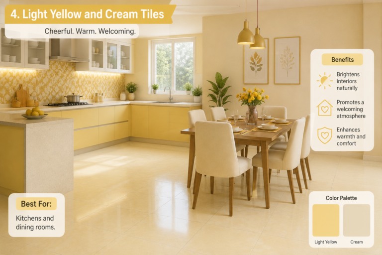 Modern kitchen and dining area featuring light yellow and cream floor and wall tiles that create a bright, welcoming, and positive atmosphere.