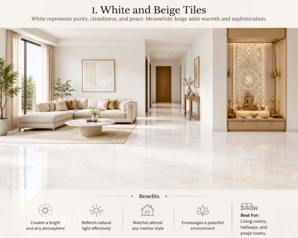 Bright modern interior featuring elegant white and beige floor tiles in a spacious living room, hallway, and pooja area. Natural light reflects off the polished tiles, creating a clean, airy, and peaceful atmosphere with warm beige accents and sophisticated décor.