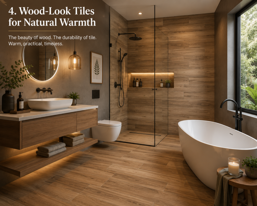 Modern bathroom featuring wood-look porcelain tiles, a floating wood vanity, walk-in glass shower, and freestanding bathtub for a warm natural aesthetic.
