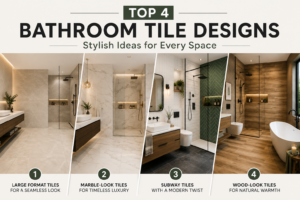 Feature image showcasing the best bathroom tile designs for modern homes, including large format tiles, marble-look tiles, subway tiles, and wood-look tiles.