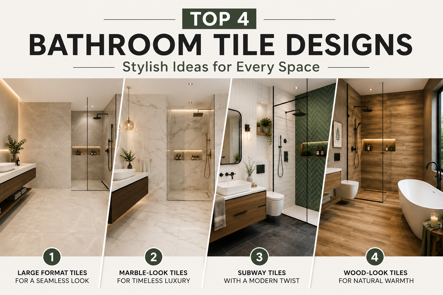 Feature image showcasing the best bathroom tile designs for modern homes, including large format tiles, marble-look tiles, subway tiles, and wood-look tiles.