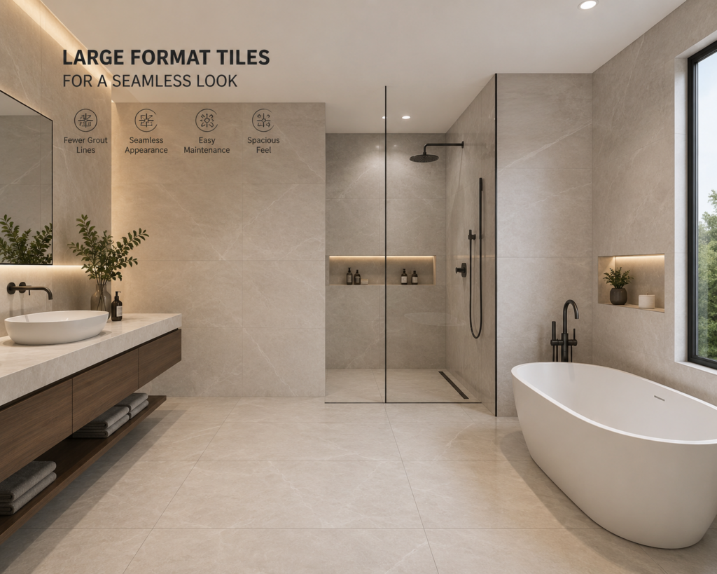 Modern bathroom featuring large format beige marble-look tiles, seamless flooring, a walk-in shower, floating vanity, and freestanding bathtub.