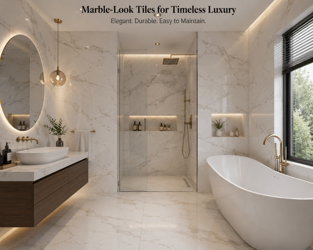 Luxury modern bathroom featuring marble-look porcelain tiles, a frameless glass shower, floating vanity, and freestanding bathtub with elegant gold fixtures.