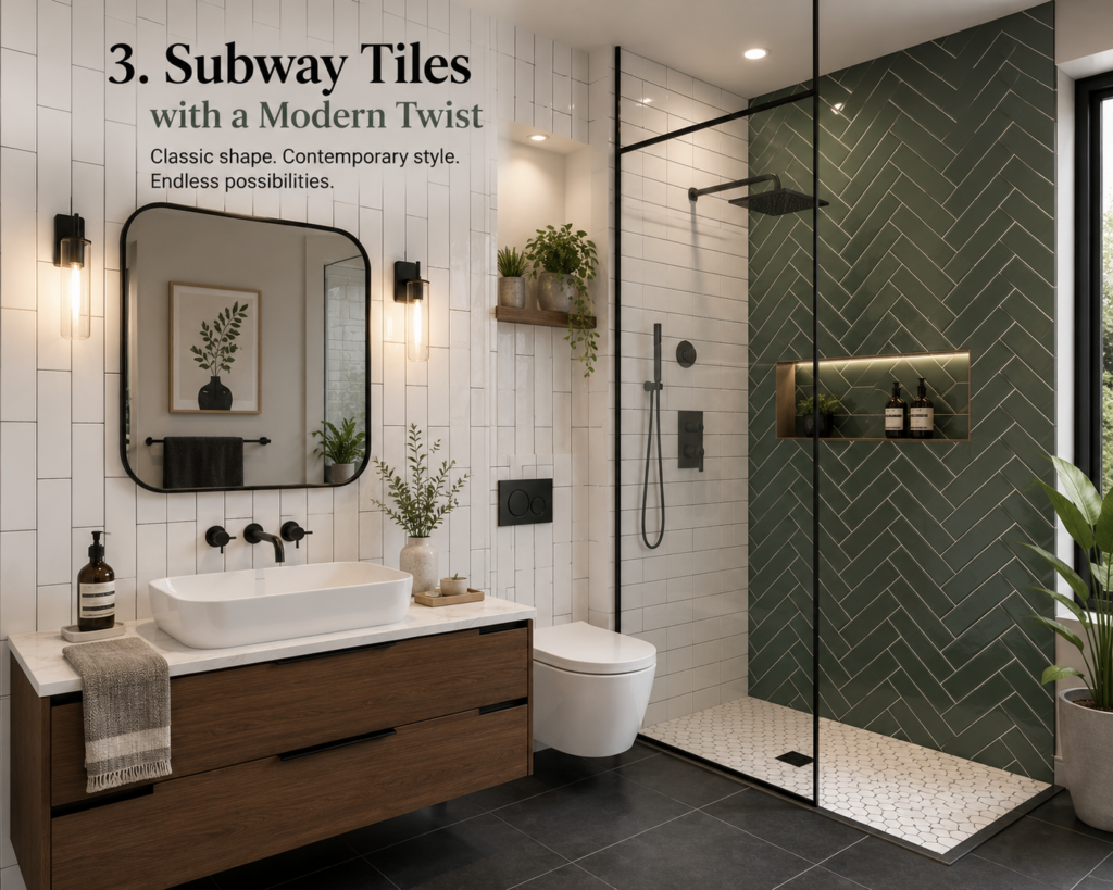 Modern bathroom featuring white subway tiles, a green herringbone accent wall, a floating wood vanity, and a frameless glass shower for a contemporary look.