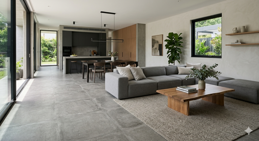 Concrete finish tiles for modern homes with industrial-style flooring and contemporary interior design.