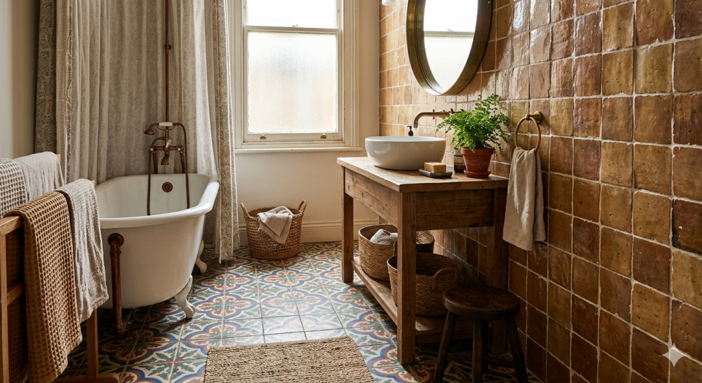 A rustic bathroom with textured, glossy terracotta wall tiles, a vintage clawfoot tub with exposed brass hardware, a wooden vanity with a vessel sink and fern, and patterned encaustic floor tiles.