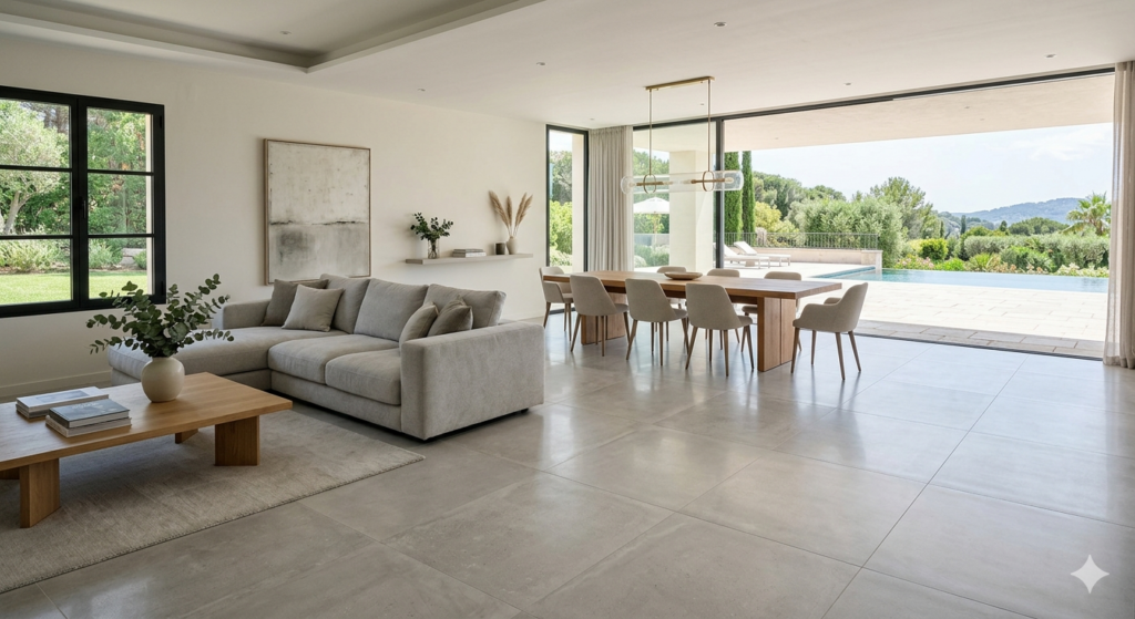 Large format light gray floor tiles in a spacious, modern open-concept living and dining room with glass doors opening to a pool patio.