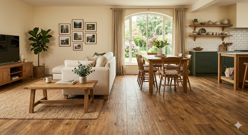 A bright, open-plan kitchen and living area featuring warm wood-look floor tiles that stretch throughout the space, a white sofa on a jute rug, and a dining table by a large arched window.