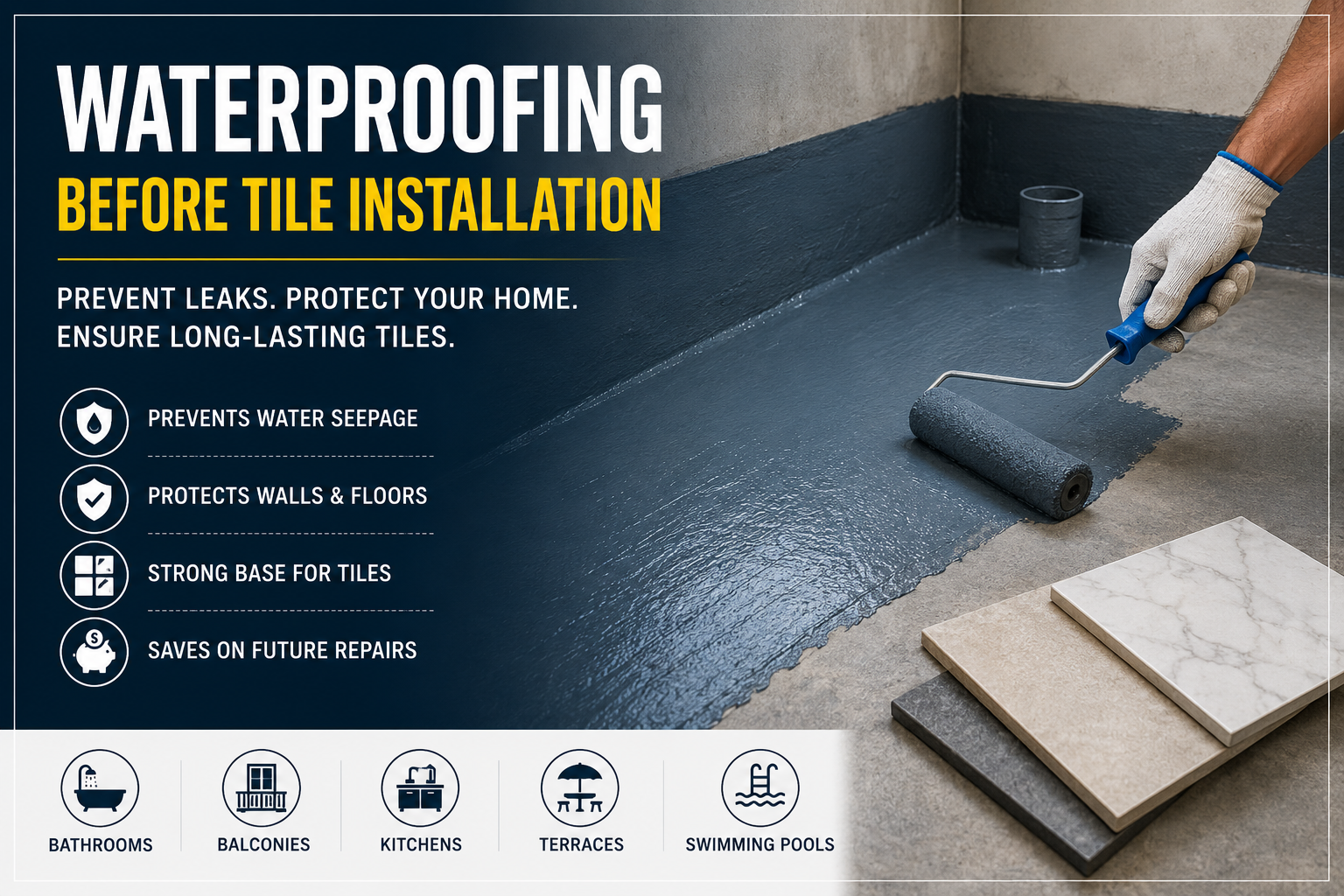 Final Thoughts Waterproofing Before Tile Installation is not an optional step—it is the foundation of a durable tile installation. A properly waterproofed surface prevents leaks, protects your home's structure, and extends the life of your tiles. Moreover, it reduces maintenance costs and provides long-term peace of mind. If you are planning a new bathroom, kitchen, balcony, or terrace project, never skip waterproofing. The right products, correct installation process, and proper curing time will ensure your tiled surfaces remain beautiful and leak-free for years. For technical guidance on waterproofing standards and moisture protection, refer to trusted industry resources. A professional applying a waterproof membrane on a bathroom floor before tile installation to prevent water seepage and ensure long-lasting tile durability.