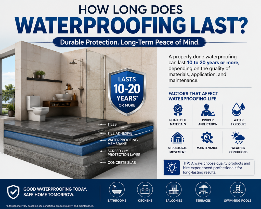 Cross-sectional illustration showing waterproofing layers beneath floor tiles, highlighting that properly installed waterproofing can last 10–20 years or more.