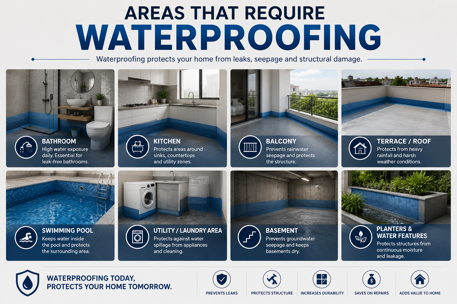 Infographic showing key areas that require waterproofing before tile installation, including bathrooms, kitchens, balconies, terraces, swimming pools, laundry rooms, and basements.