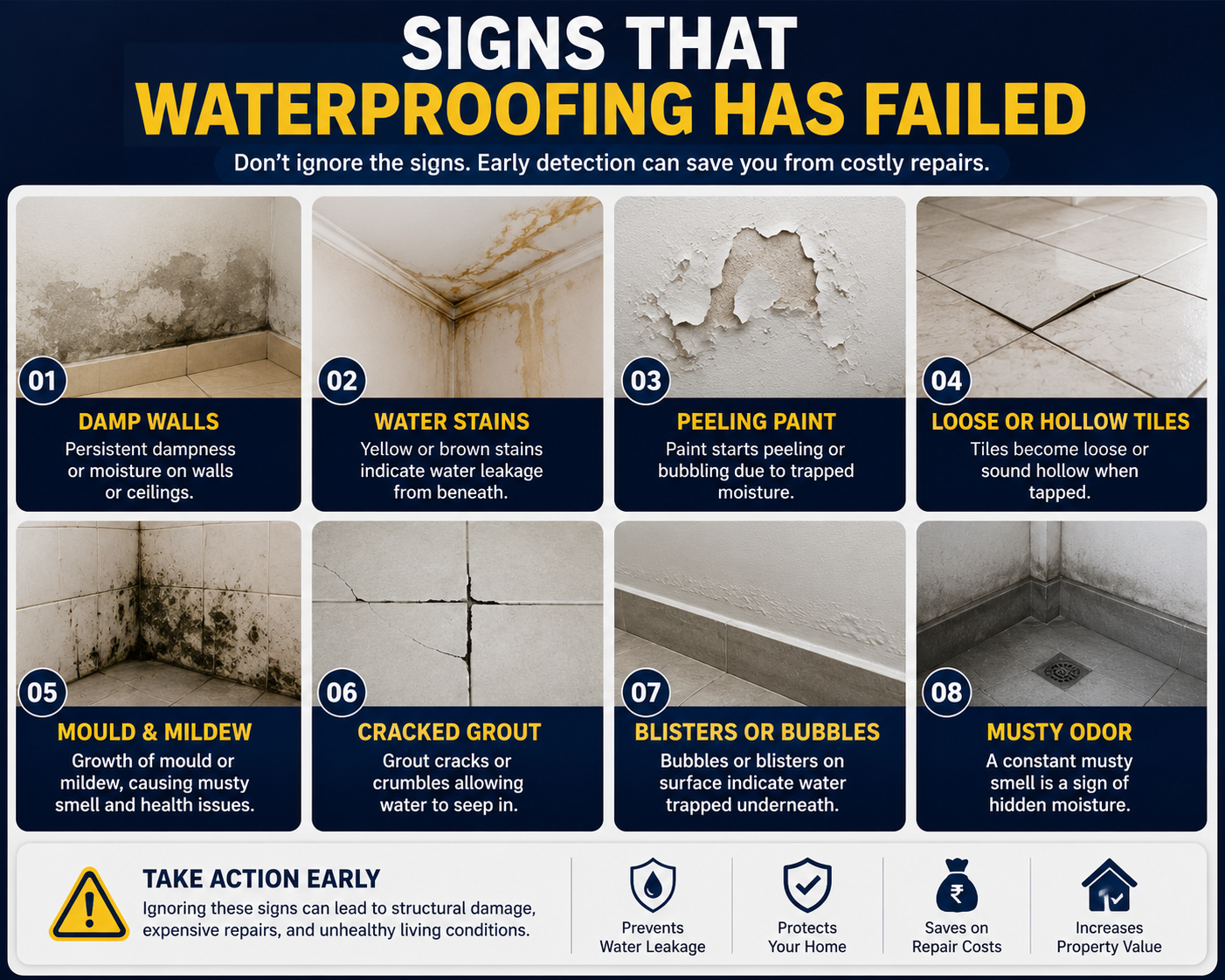 Infographic showing common signs of waterproofing failure, including damp walls, water stains, peeling paint, loose tiles, mould growth, cracked grout, surface bubbles, and musty odors.