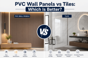PVC Wall Panels vs Tiles comparison showing modern PVC wall panel interior beside a premium tiled bathroom to help homeowners choose the best wall covering.