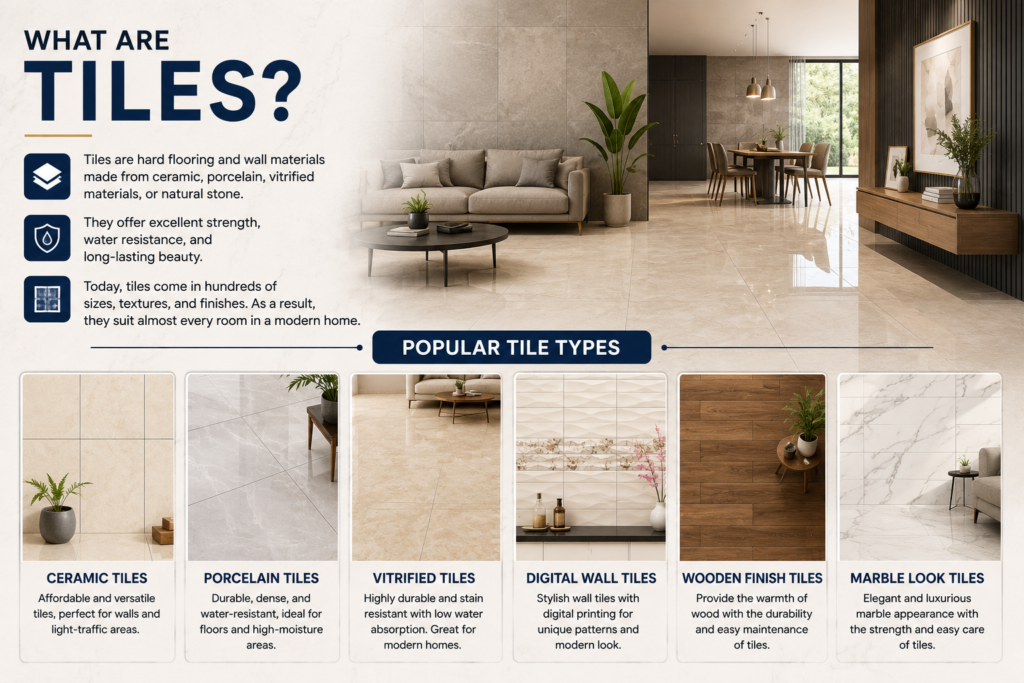 Illustration showcasing different types of tiles including ceramic, porcelain, vitrified, digital wall, wooden finish, and marble look tiles used in modern home interiors.