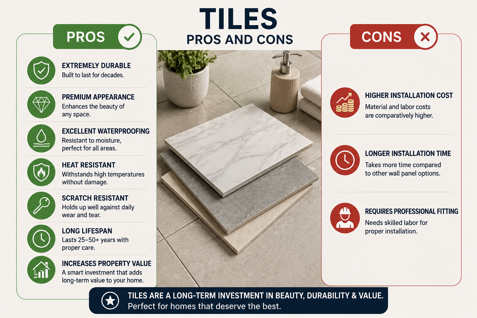 Infographic showing the pros and cons of tiles, including durability, waterproofing, heat resistance, scratch resistance, long lifespan, and installation considerations.