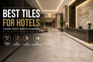 Luxury hotel lobby featuring large-format porcelain floor tiles with a premium marble finish, ideal for modern hotels and commercial spaces.