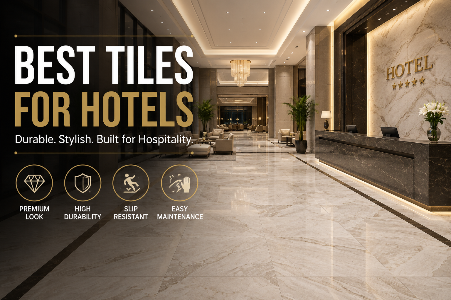 Luxury hotel lobby featuring large-format porcelain floor tiles with a premium marble finish, ideal for modern hotels and commercial spaces.