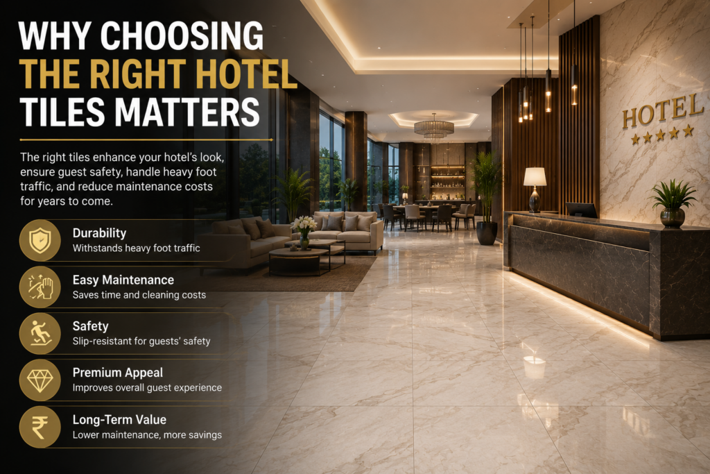 Luxury hotel lobby with premium porcelain floor tiles, demonstrating why durable and stylish hotel tiles are essential for hospitality spaces.