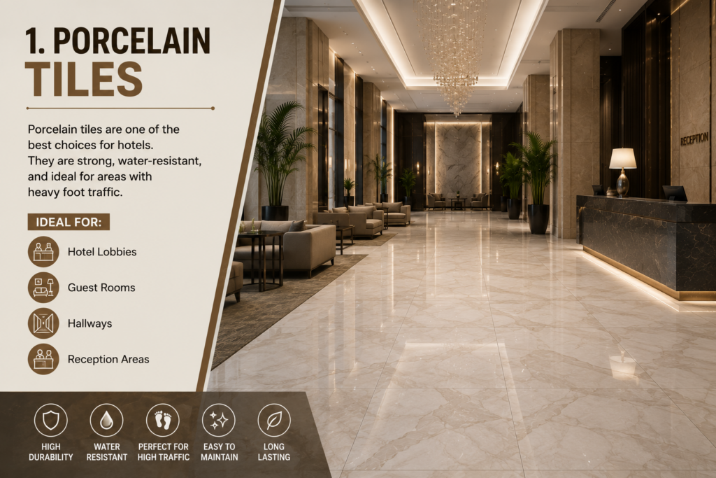 Luxury hotel lobby featuring premium porcelain floor tiles designed for durability, elegance, and high-traffic commercial spaces.