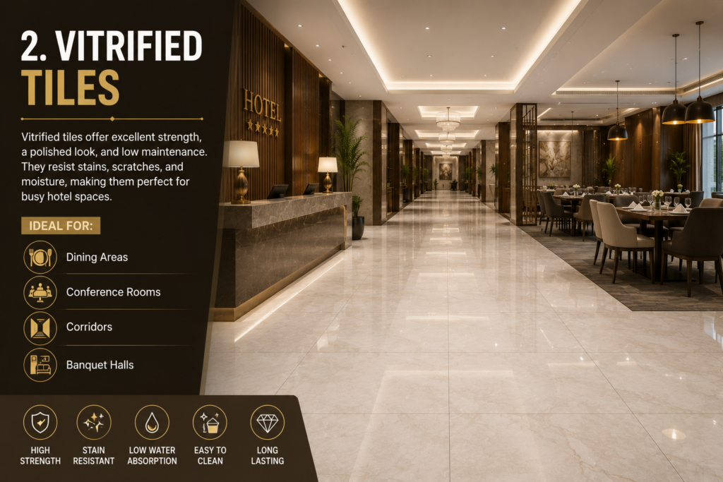 Modern hotel lobby with premium vitrified floor tiles, showcasing durable and low-maintenance flooring for commercial hospitality spaces.
