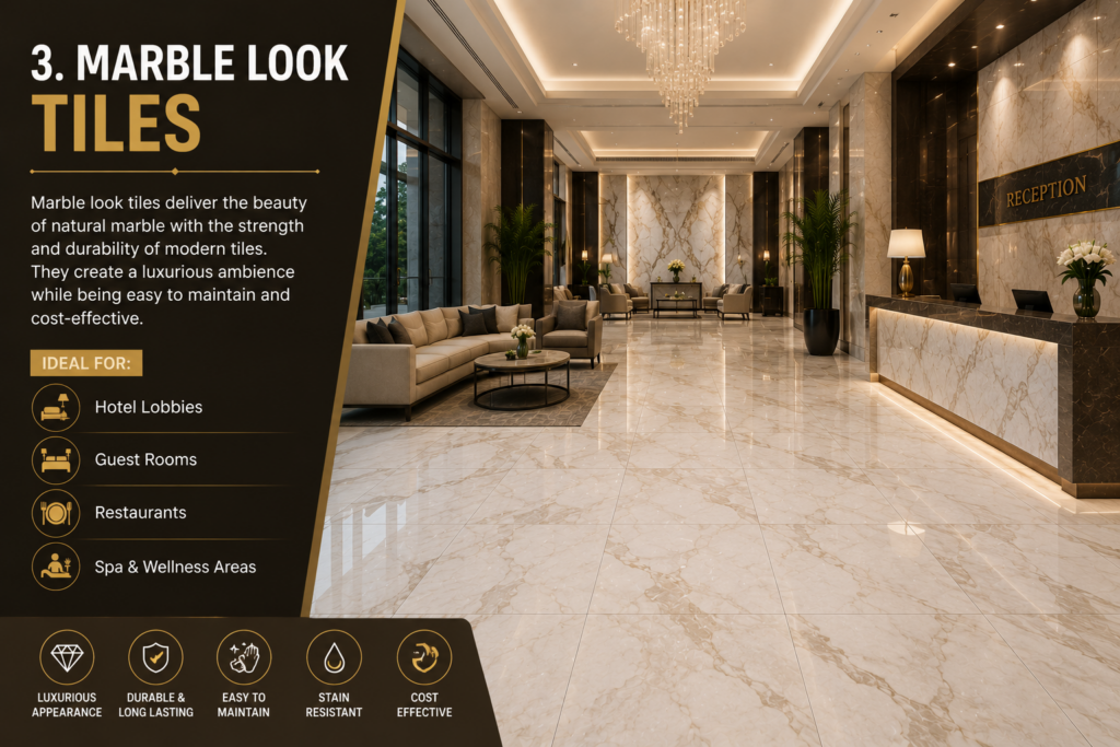Luxury hotel lobby featuring marble look porcelain tiles that provide an elegant appearance and durable flooring for hospitality spaces.