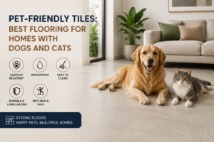 Pet-friendly porcelain floor tiles in a modern living room with a dog and cat, showcasing durable, scratch-resistant, waterproof flooring for homes in Panchkula.