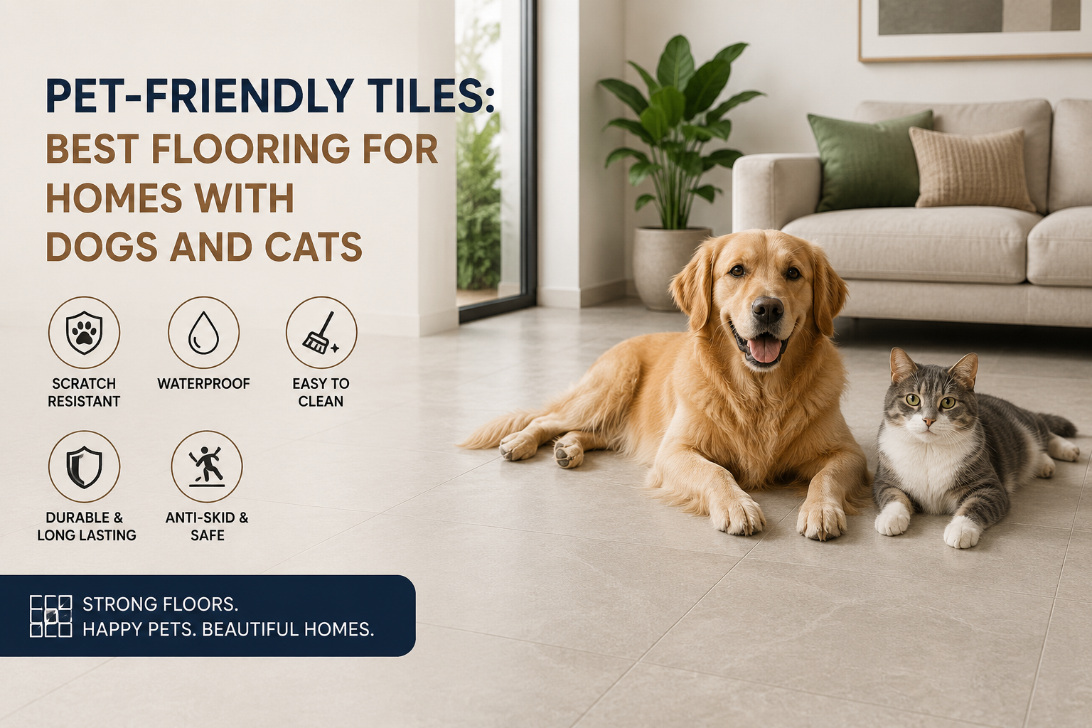 Pet-friendly porcelain floor tiles in a modern living room with a dog and cat, showcasing durable, scratch-resistant, waterproof flooring for homes in Panchkula.