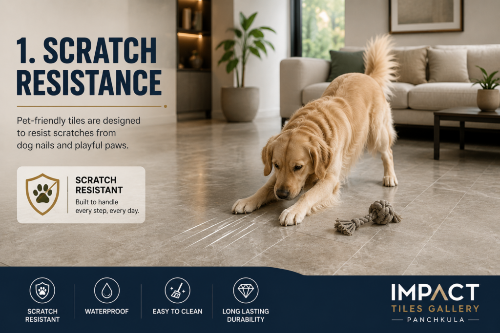 Scratch-resistant porcelain floor tiles with a playful dog demonstrating durable pet-friendly flooring in a modern living room.