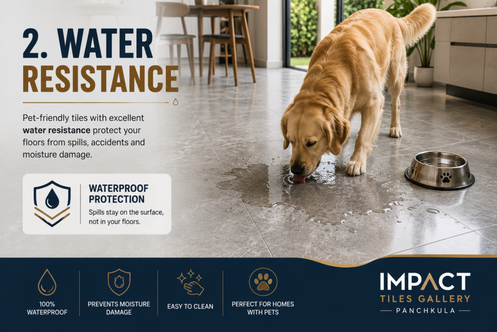 Water-resistant porcelain floor tiles with a dog near a water spill, demonstrating waterproof pet-friendly flooring in a modern home.