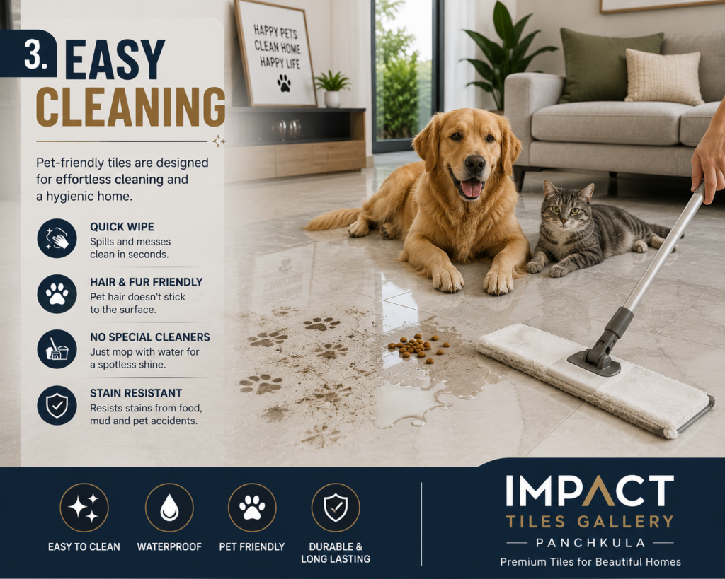 Easy-to-clean pet-friendly porcelain floor tiles with a dog and cat in a modern living room while a spill is quickly wiped away.