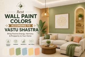 Modern living room showcasing the best wall paint colors according to Vastu Shastra, featuring soft green walls, neutral décor, and a Vastu-inspired color palette for a positive home.