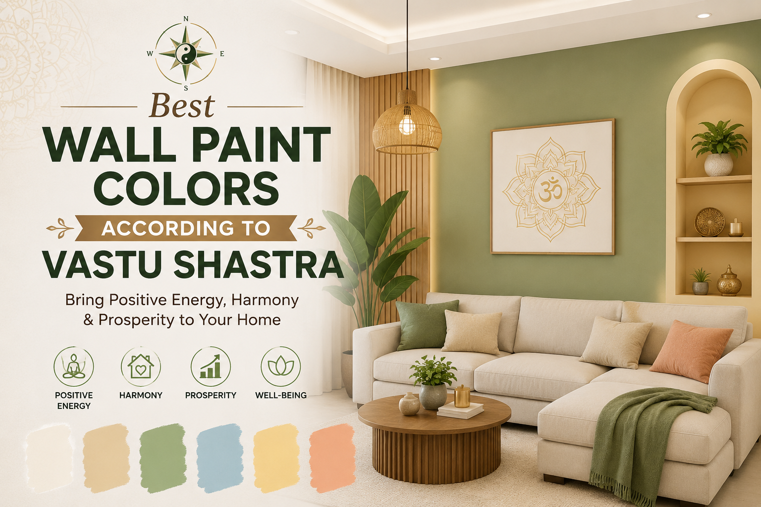 Modern living room showcasing the best wall paint colors according to Vastu Shastra, featuring soft green walls, neutral décor, and a Vastu-inspired color palette for a positive home.
