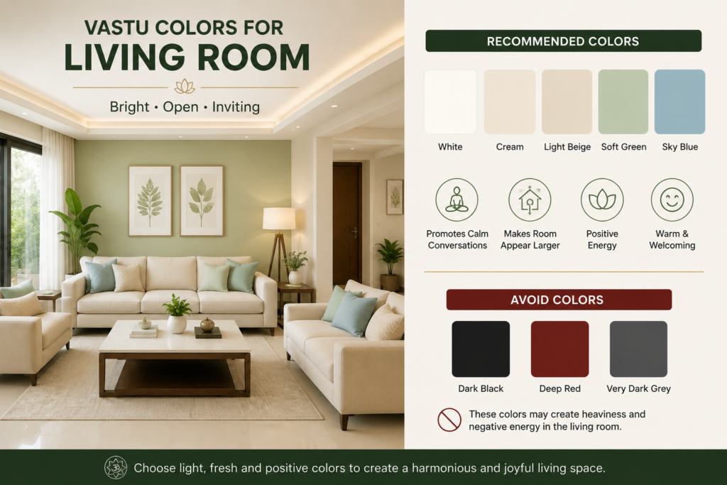 Modern living room with Vastu-recommended wall paint colors including white, cream, light beige, soft green, and sky blue, alongside colors to avoid for a harmonious home.