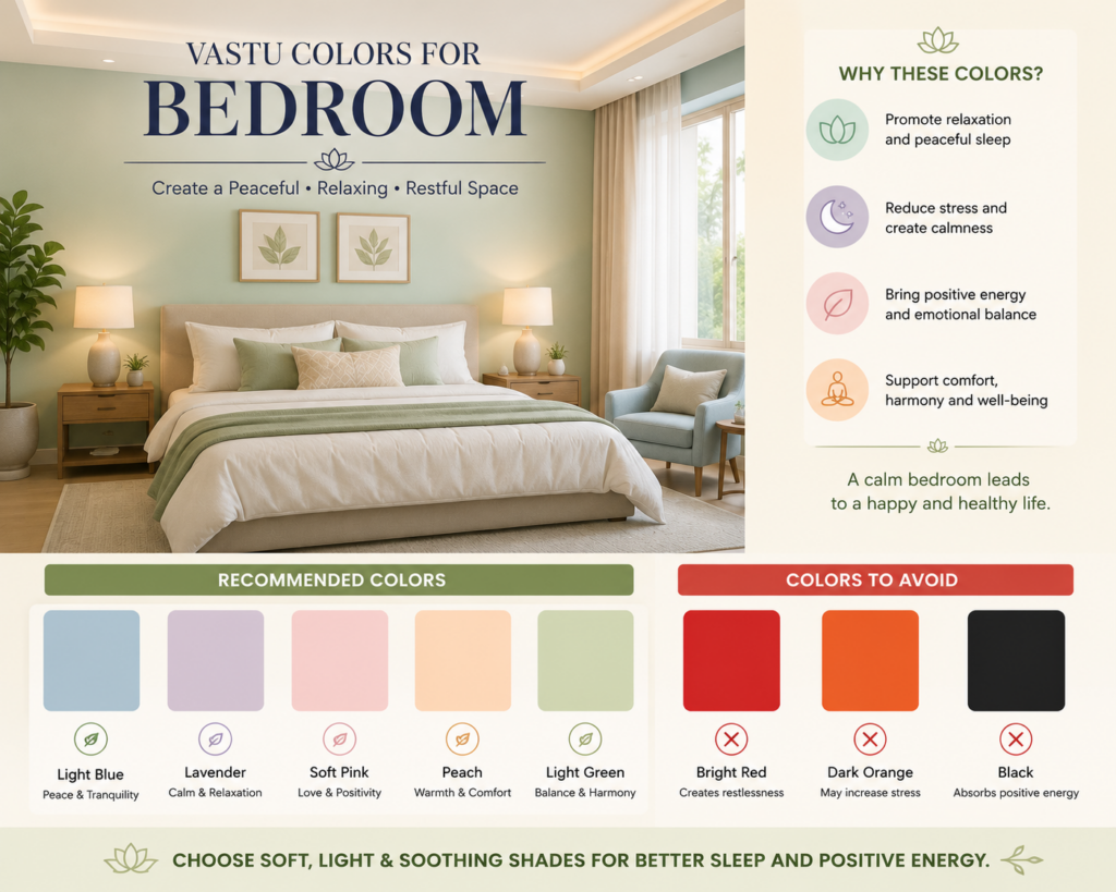 Modern bedroom featuring Vastu-recommended wall paint colors such as light blue, lavender, soft pink, peach, and light green, with a color guide highlighting shades to avoid for a peaceful sleep environment.