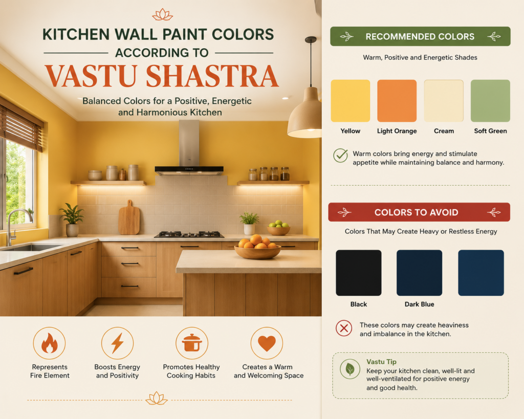 Modern kitchen featuring Vastu-recommended wall paint colors including yellow, light orange, cream, and soft green, along with a guide showing black and dark blue as colors to avoid.