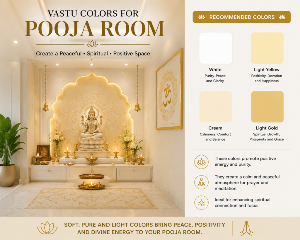Modern pooja room designed with Vastu-recommended wall paint colors including white, light yellow, cream, and light gold to create a peaceful and spiritual atmosphere.