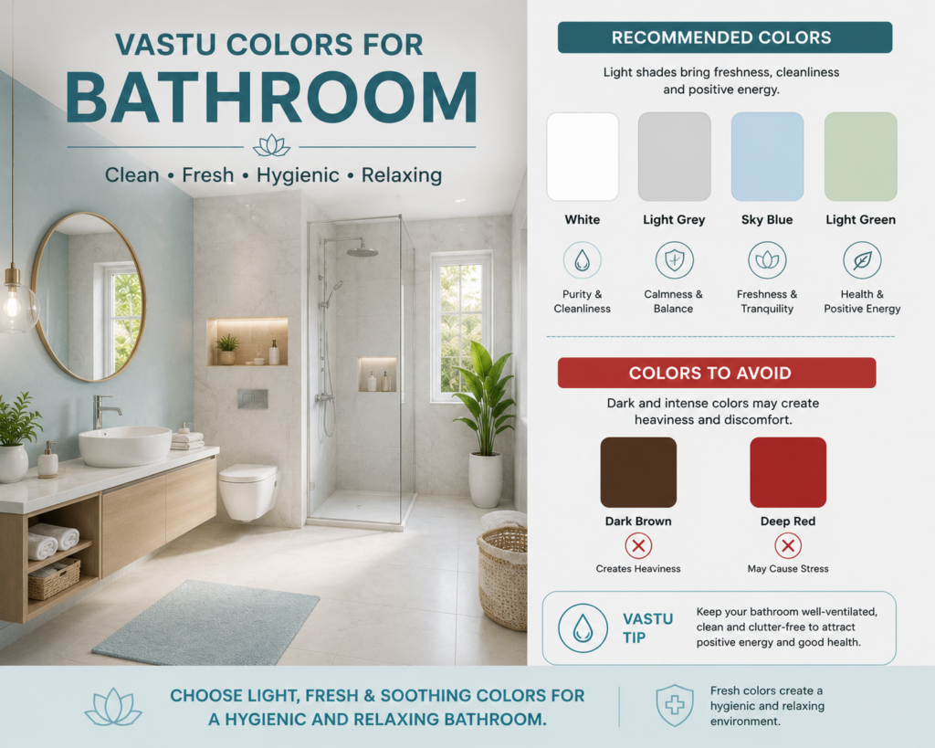 Modern bathroom featuring Vastu-recommended wall paint colors such as white, light grey, sky blue, and light green, with a guide highlighting dark brown and deep red as colors to avoid.