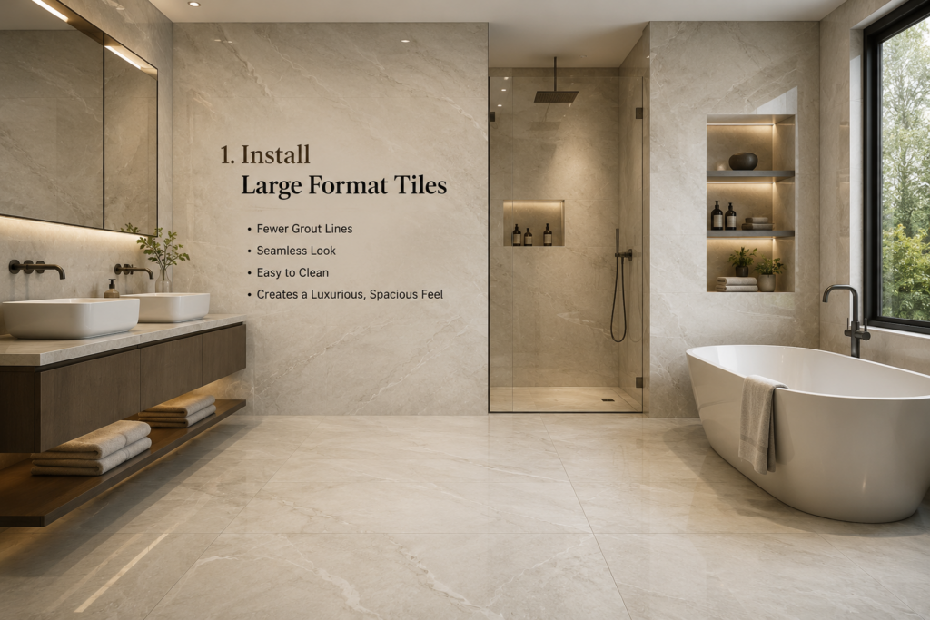 Luxury bathroom with large format marble-look tiles, floating vanity, glass shower enclosure, and freestanding bathtub creating a five-star hotel-inspired design.